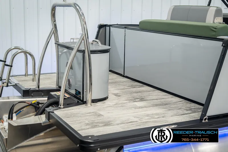 Slide: The Image of 2025 Avalon Catalina Entertainer boat deck with seating and stainless steel railings. - 44