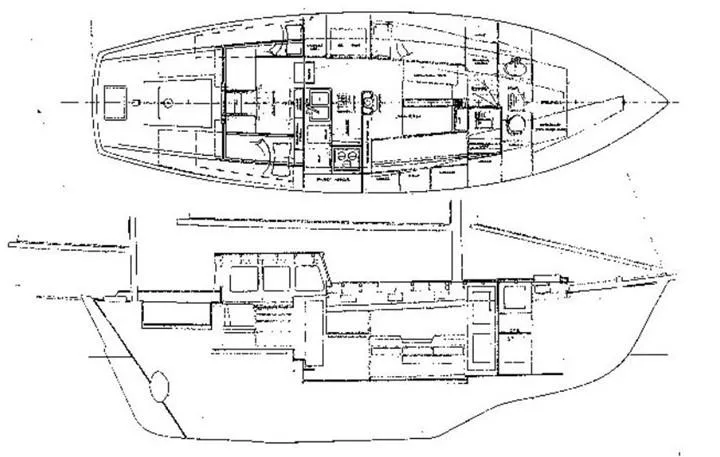 Slide: The Image of Blueprint of 1986 Covey Island 38 sailboat, detailed interior and exterior layout. - 24
