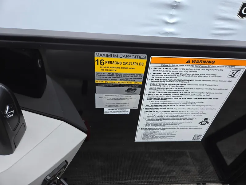 Slide: The Image of Capacity warning label on 2025 Godfrey SWEETWATER 2286 SFL, max 16 persons or 2180 lbs. - 19