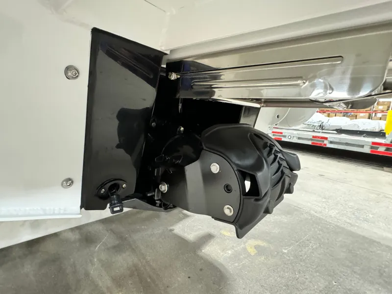 Slide: The Image of 2025 Highfield Velox 420 boat engine mount detail in a workshop setting. - 22