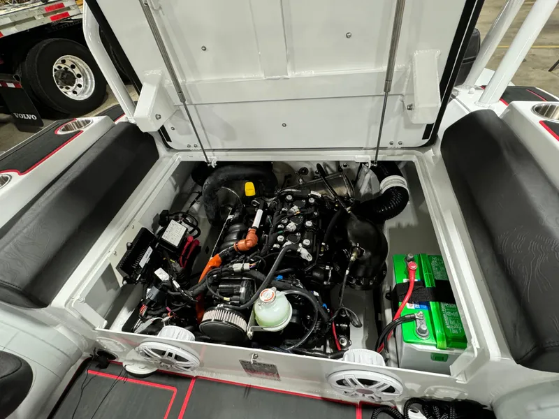 Slide: The Image of 2025 Highfield Velox 420 engine compartment with open hatch, showcasing internal components and battery. - 24