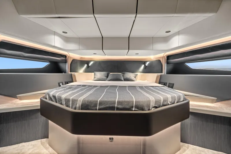 Slide: The Image of Luxurious interior of 2025 Canados 571 yacht with modern bedroom design. - 15
