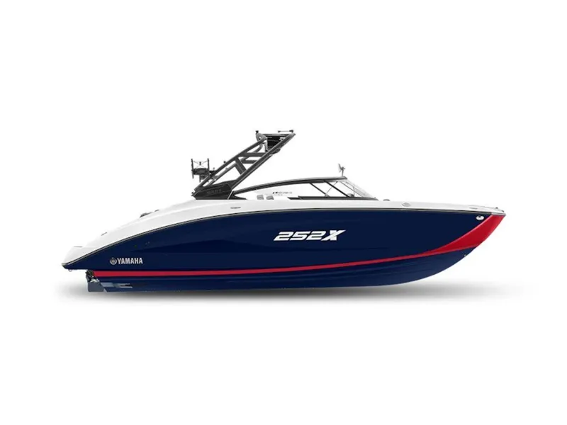 Slide: The Image of 2025 Yamaha Boats 252XE, sleek blue and white design, side view. - 9