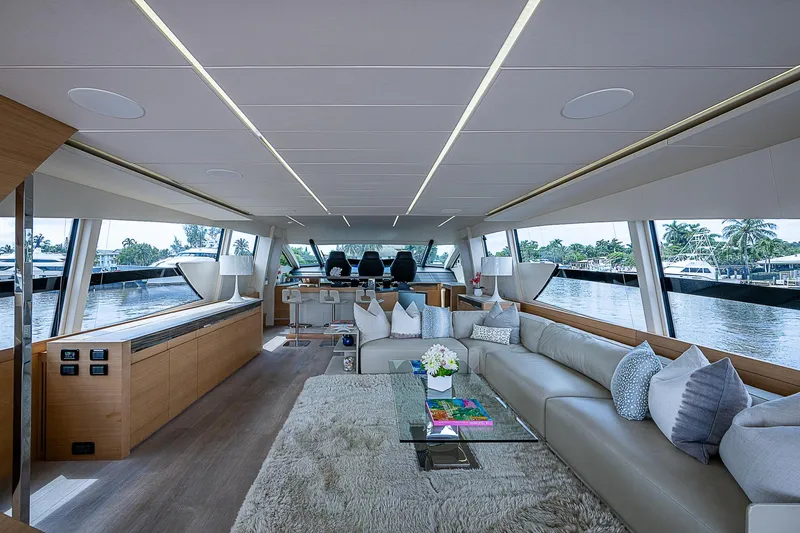 Slide: The Image of Luxurious interior of 2014 Pershing 92 yacht with modern design and waterfront view. - 1