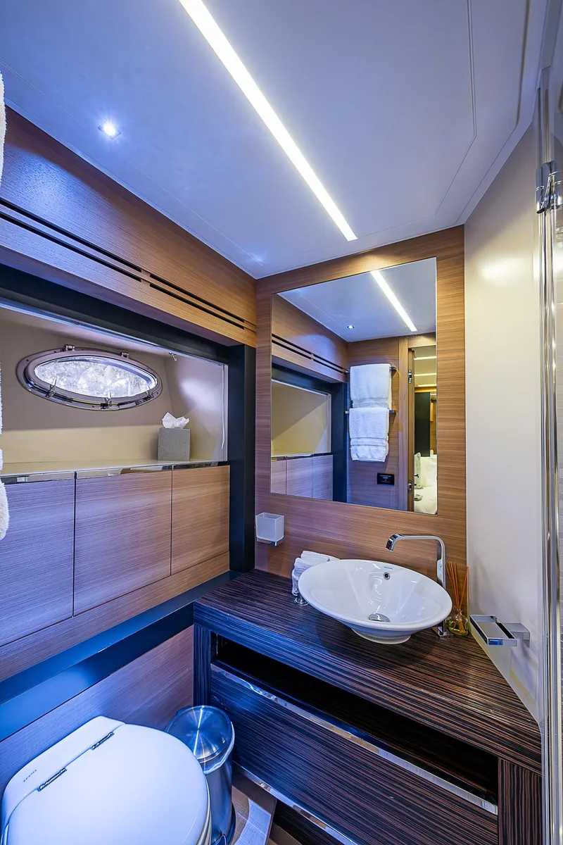 Slide: The Image of Luxurious bathroom interior of 2014 Pershing 92 yacht with modern fixtures and elegant design. - 23