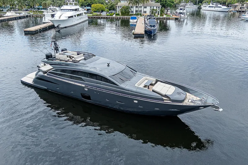 Slide: The Image of 2014 Pershing 92 yacht on calm water, luxury vessel docked at marina. - 45