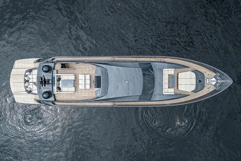 Slide: The Image of Aerial view of 2014 Pershing 92 luxury yacht on water. - 48