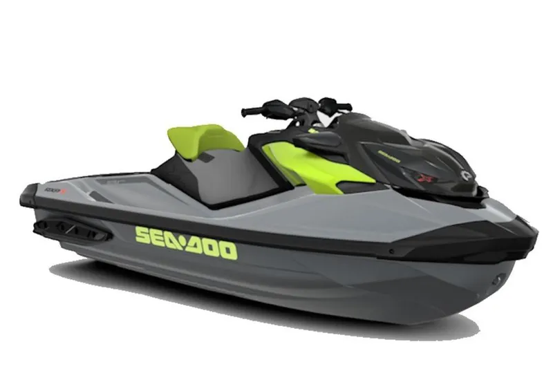 Slide: The Image of 2025 Sea-Doo RXP-X 325 jet ski, gray and lime green design, side view. - 21
