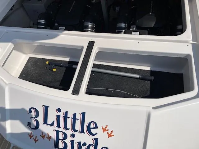 Slide: The Image of 2018 Regal 35 Sport Coupe boat engine compartment with "3 Little Birds" text. - 28