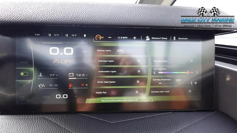Slide: The Image of 2025 Nautique Super Air Nautique G25 dashboard display with control settings and indicators. - 41