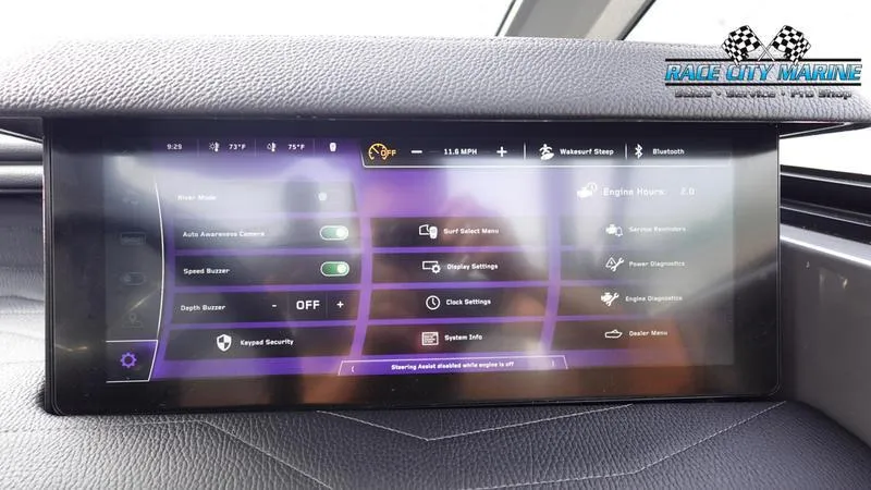 Slide: The Image of 2025 Nautique Super Air Nautique G25 touchscreen dashboard displaying various boat controls and settings. - 43