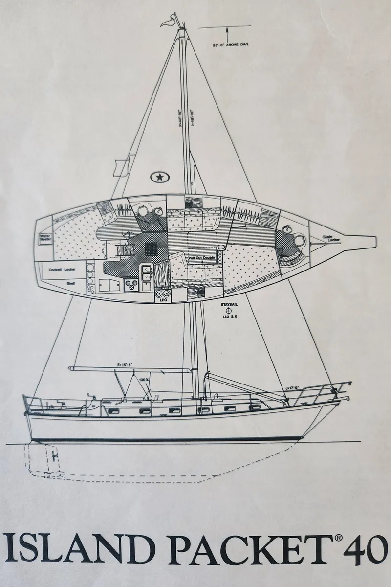 Slide: The Image of Blueprint of a 1997 Island Packet 40 sailboat, showcasing interior layout and side profile. - 5