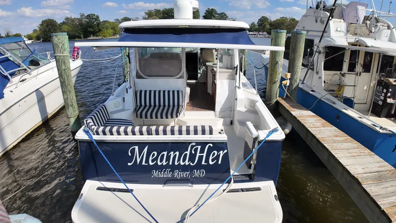 Slide: The Image of 2013 Back Cove 34 boat named "MeandHer" docked in Middle River, MD. - 10