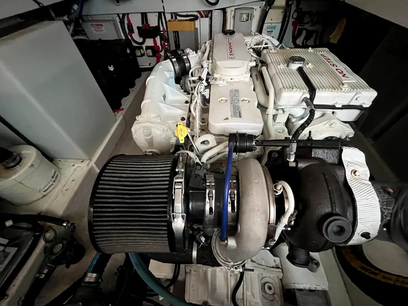 Slide: The Image of Engine of 2013 Back Cove 34 boat, detailed view of components and layout. - 39