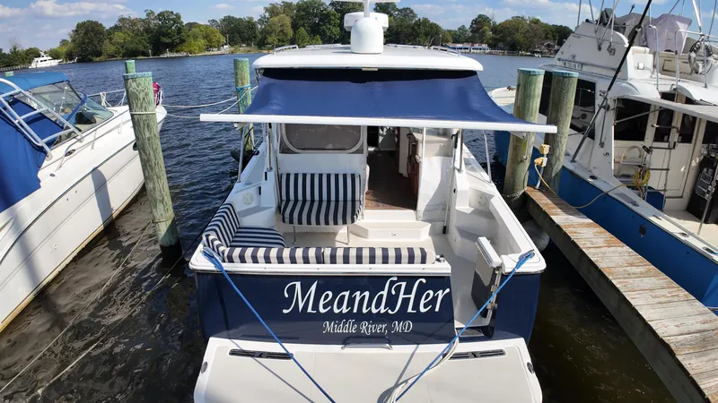 Slide: The Image of 2013 Back Cove 34 boat named "MeandHer" docked at Middle River, MD. - 42