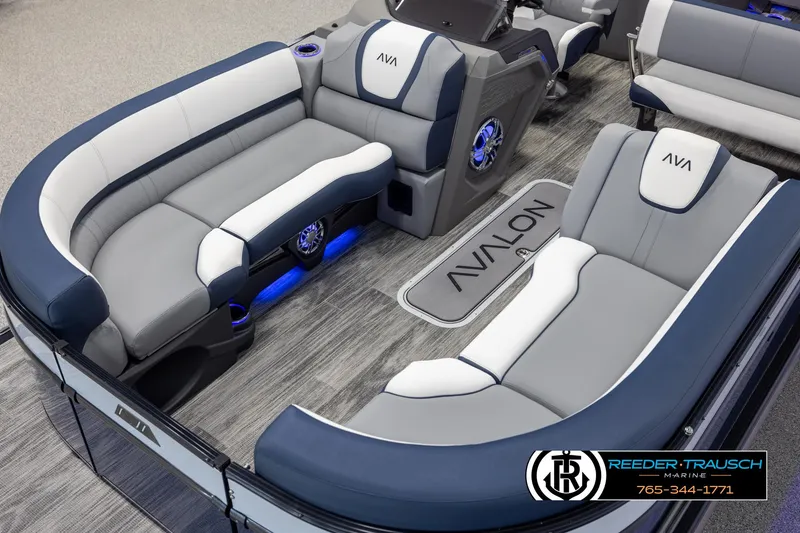 Slide: The Image of Luxurious 2025 Avalon Catalina Entertainer boat interior with plush seating and modern design. - 10