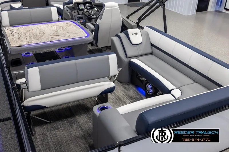 Slide: The Image of Luxurious 2025 Avalon Catalina Entertainer boat interior with plush seating and modern design. - 11