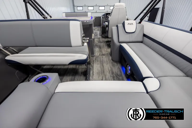 Slide: The Image of 2025 Avalon Catalina Entertainer interior with modern seating and ambient lighting. - 16