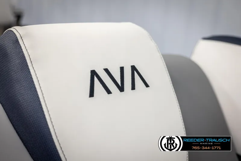 Slide: The Image of 2025 Avalon Catalina Entertainer seat with "AVA" logo, Reeder-Trausch Marine branding. - 35