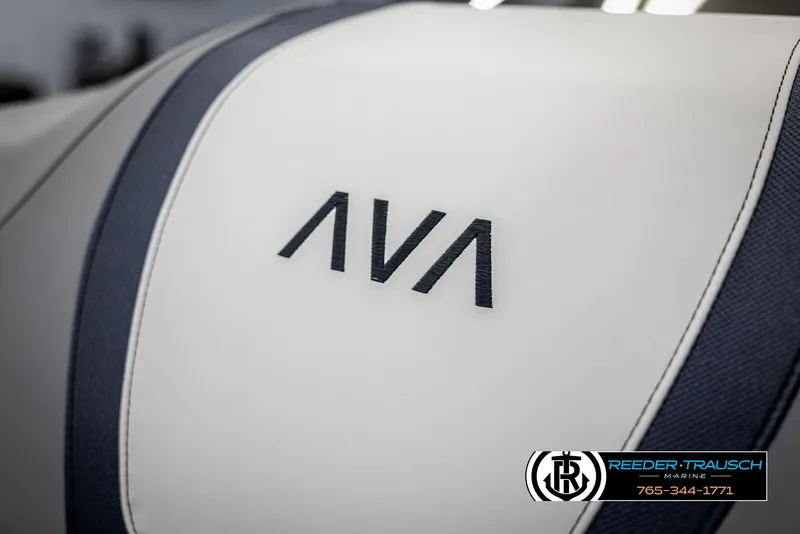 Slide: The Image of Close-up of Avalon Catalina Entertainer 2025 seat with logo and Reeder-Trausch Marine contact. - 36