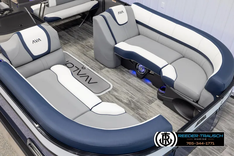 Slide: The Image of 2025 Avalon Catalina Entertainer boat interior with luxurious seating and modern design. - 9