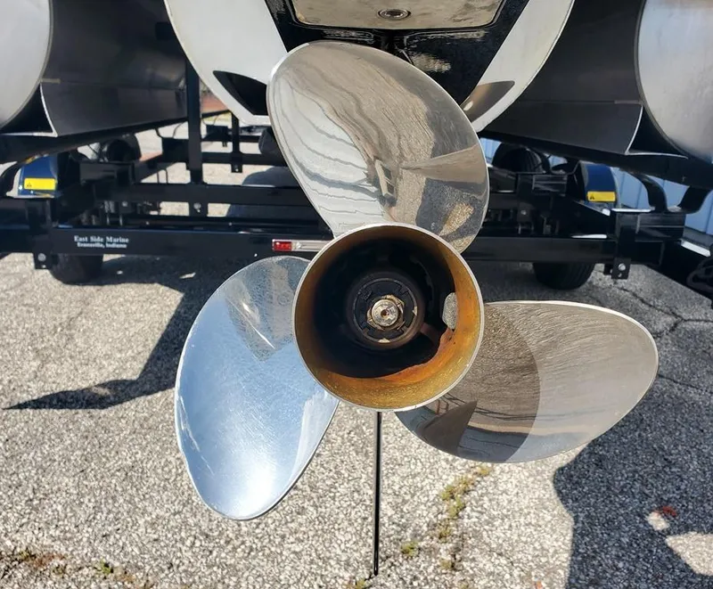Slide: The Image of Close-up of a 2021 Godfrey Monaco 235RL boat propeller on a trailer. - 11