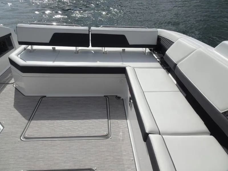 Slide: The Image of Luxurious seating on 2025 Cobalt R33 boat, featuring sleek design and comfortable upholstery. - 35