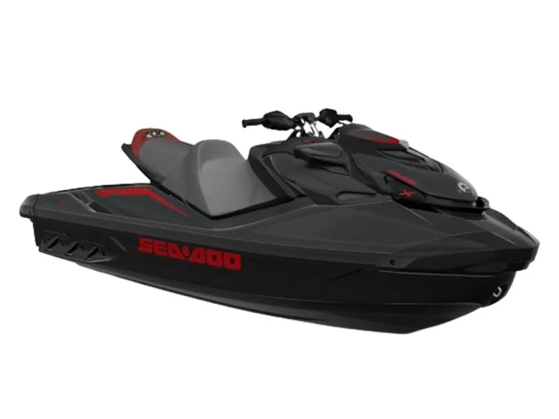 Slide: The Image of 2025 Sea-Doo GTR™-X 300 iBR jet ski, sleek black and red design. - 1