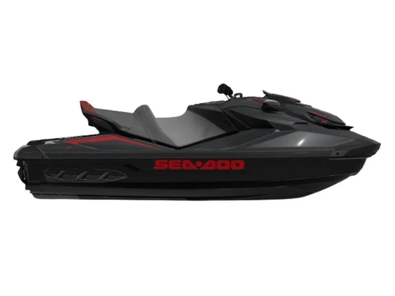 Slide: The Image of 2025 Sea-Doo GTR™-X 300 iBR jet ski, sleek black design with red accents. - 2