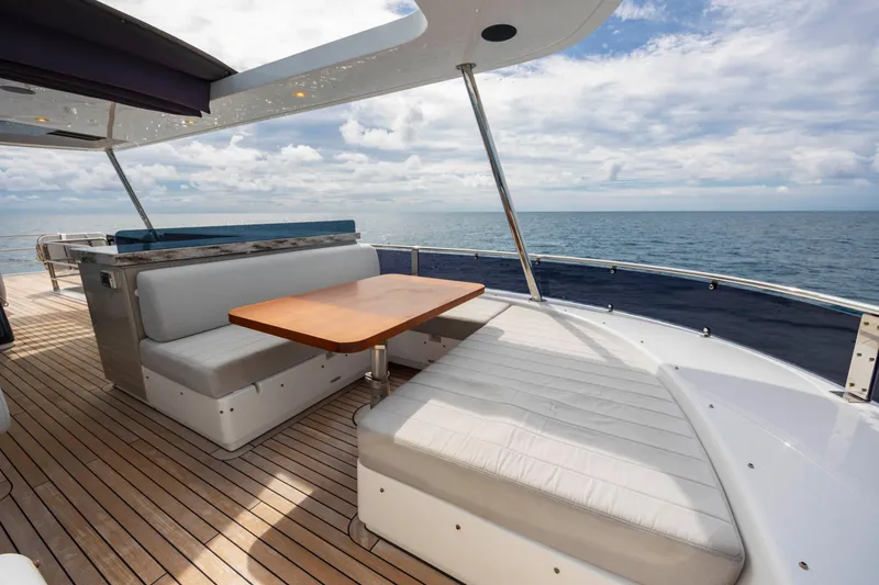 Slide: The Image of Luxurious 2023 Sirena 68 yacht deck with seating, table, and ocean view. - 27