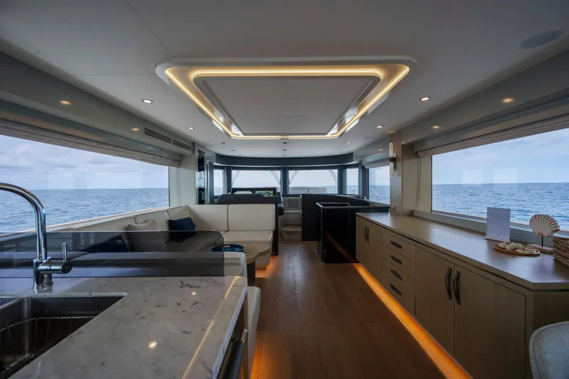 Slide: The Image of Luxurious interior of 2023 Sirena 68 yacht with ocean view and modern design. - 34