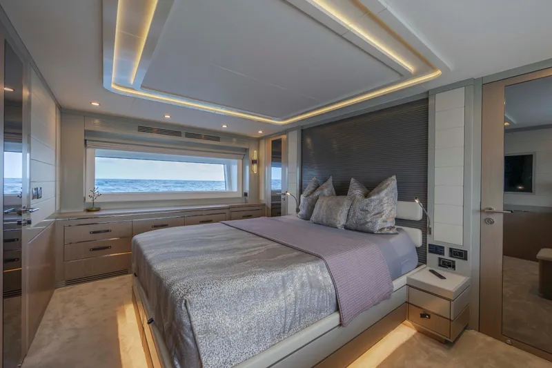 Slide: The Image of Luxurious bedroom interior of 2023 Sirena 68 yacht with ocean view. - 45