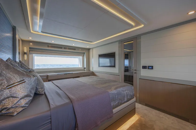 Slide: The Image of Luxurious bedroom interior of 2023 Sirena 68 yacht with modern design and ocean view. - 47