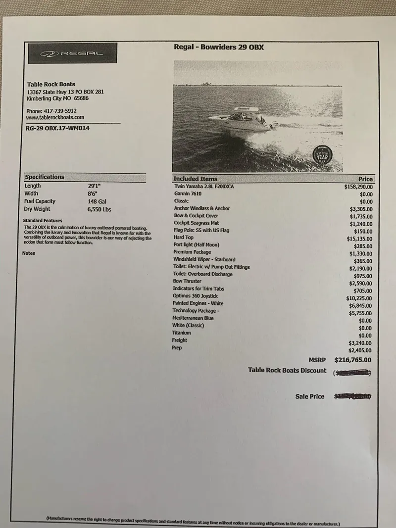 Slide: The Image of 2017 Regal 29 OBX boat specifications and pricing sheet with included items list. - 11