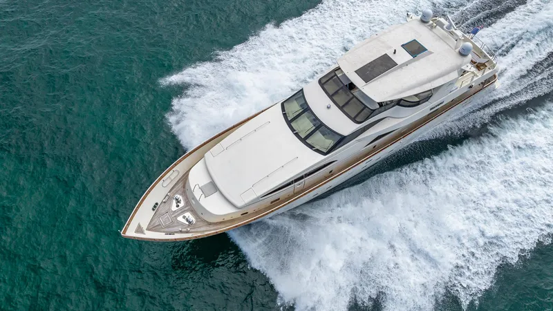 Slide: The Image of Azimut 100 Jumbo yacht cruising on open water, aerial view, 2000 model. - 18