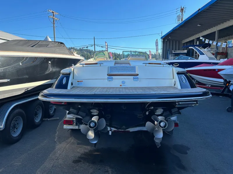 Slide: The Image of 2015 Chris-Craft Launch 28 boat, rear view, displayed at a marina. - 5