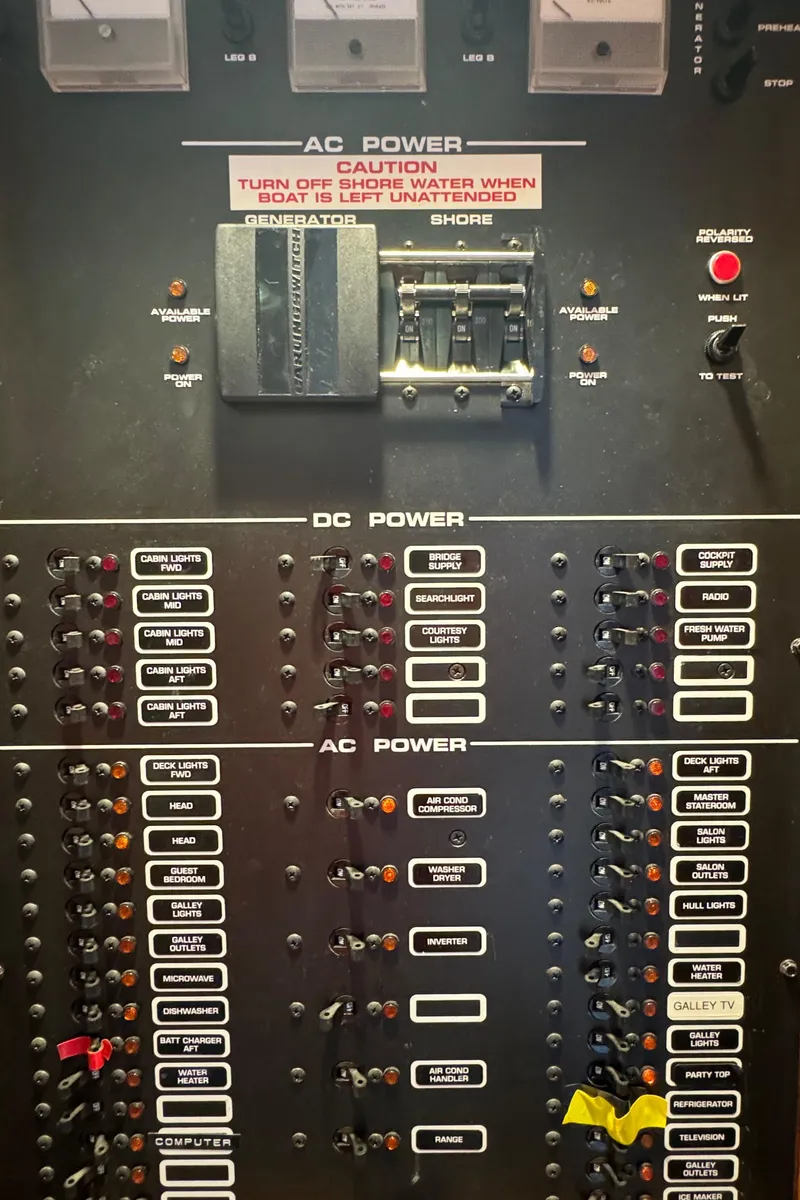 Slide: The Image of Electrical panel of a 1999 Sumerset 16 X 80 houseboat, showing AC and DC power controls. - 28