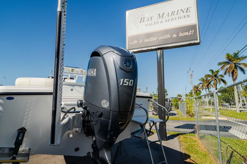 Slide: The Image of Edgewater 188CC 2025 boat with Yamaha 150 engine at Bay Marine dealership. - 2