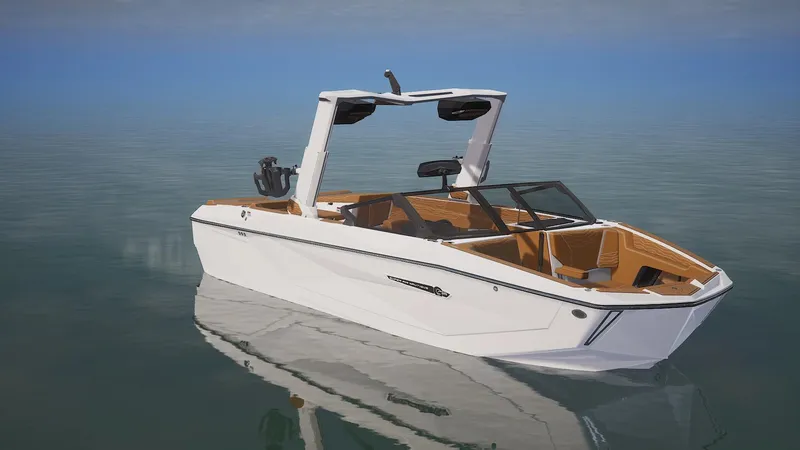 Slide: The Image of 2025 Nautique Super Air Nautique G25 boat on calm water, showcasing sleek design. - 0