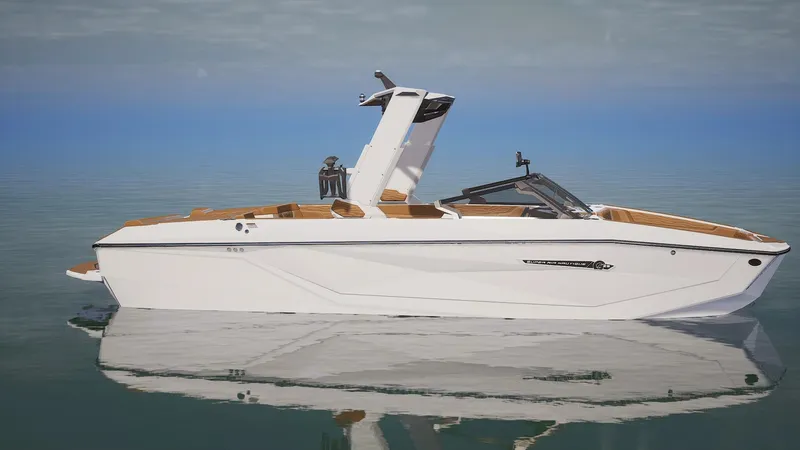 Slide: The Image of 2025 Nautique Super Air Nautique G25 boat on calm water, showcasing sleek design and luxury features. - 2