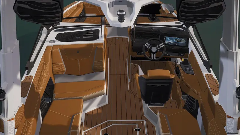 Slide: The Image of 2025 Nautique Super Air Nautique G25 interior with luxurious seating and modern dashboard. - 5