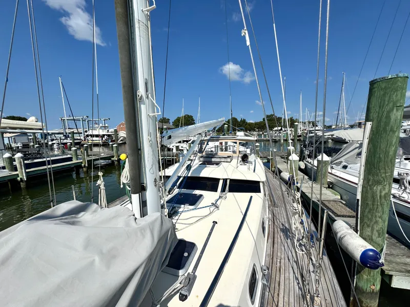 Slide: The Image of Bowman 48 Aft Cockpit sailboat docked, year 1999. - 12