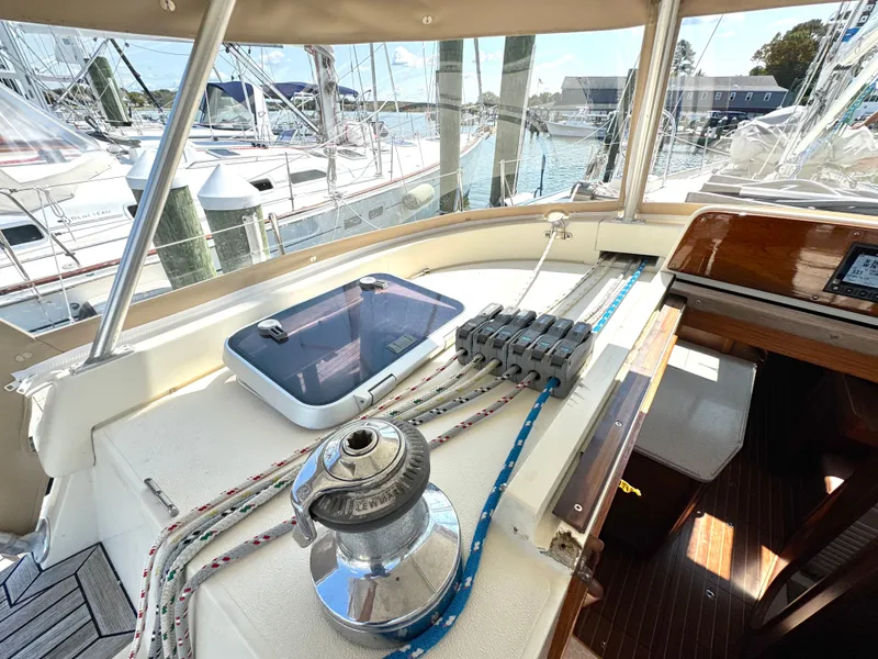 Slide: The Image of Cockpit of a 1999 Bowman 48 Aft Cockpit yacht in harbor. - 35