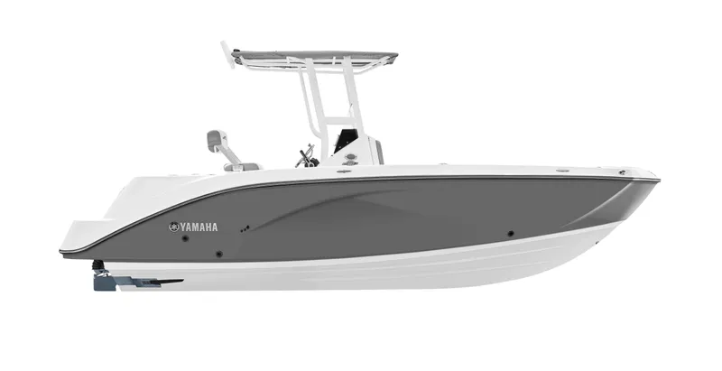 Slide: The Image of 2025 Yamaha Boats 222FSH SPORT, sleek gray and white design, side view. - 25