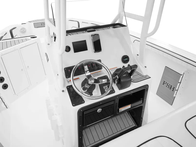 Slide: The Image of 2025 Yamaha Boats 222FSH SPORT helm with modern controls and sleek design. - 31