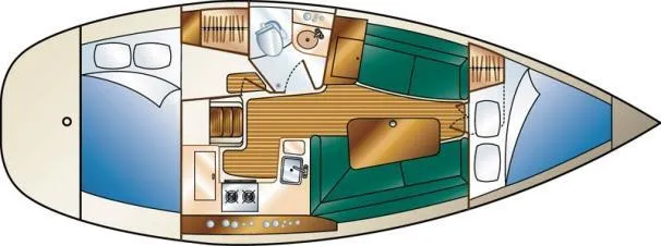 Slide: The Image of Floor plan of a 2001 Hunter 320 sailboat, featuring cabins, galley, and seating area. - 1