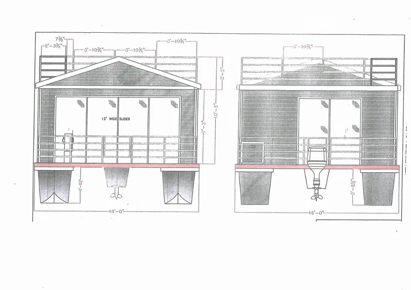 Slide: The Image of Blueprint of 2020 Destination Yachts 16x45 Condo Series houseboat, front and side views. - 32