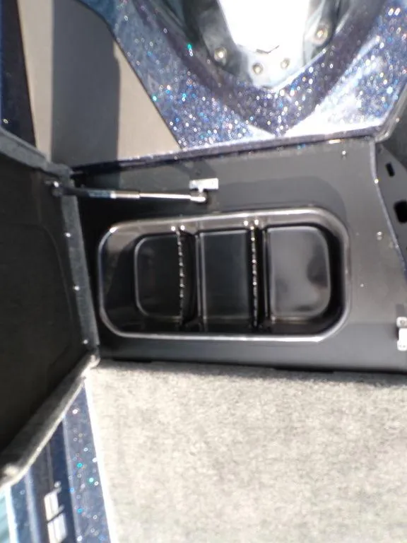 Slide: The Image of 2025 Skeeter ZXR20 boat storage compartment with carpeted interior and metallic accents. - 22