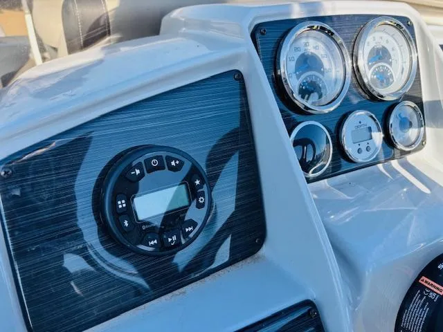 Slide: The Image of Dashboard of 2024 Sylvan Mirage 8522 LZ with gauges and control panel. - 15