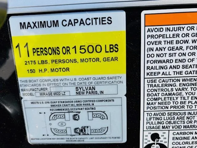 Slide: The Image of 2024 Sylvan Mirage 8522 LZ capacity label: 11 persons or 1500 lbs, 150 HP motor. - 25
